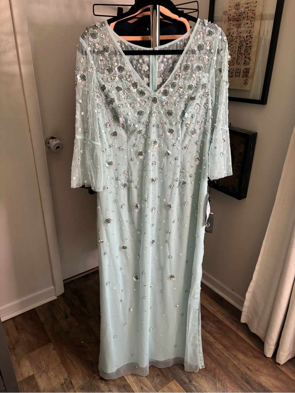 Adrianna Papell Light Blue Beaded 3D Floral Gown